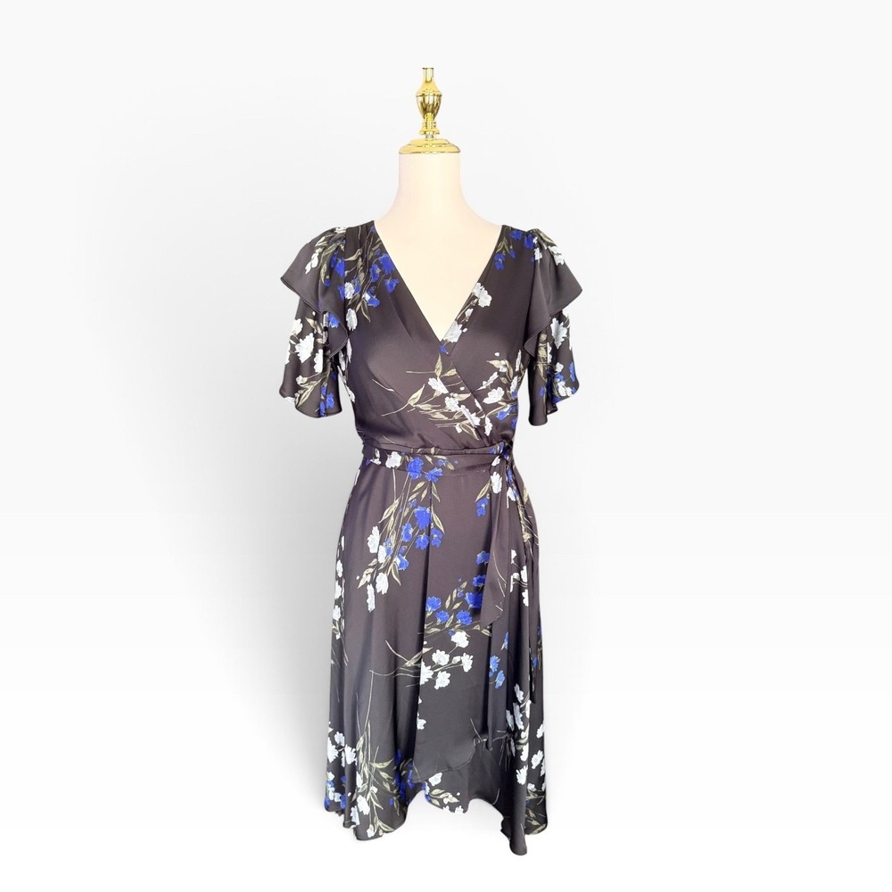 DKNY NWT 6P Black Blue Floral Faux Wrap Midi Dress Flutter Sleeve Gardencore